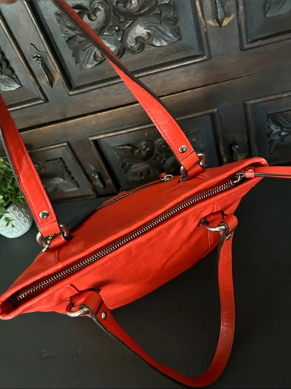 Coach Orange-Red Leather Shoulder Tote with Front Zip Pocket